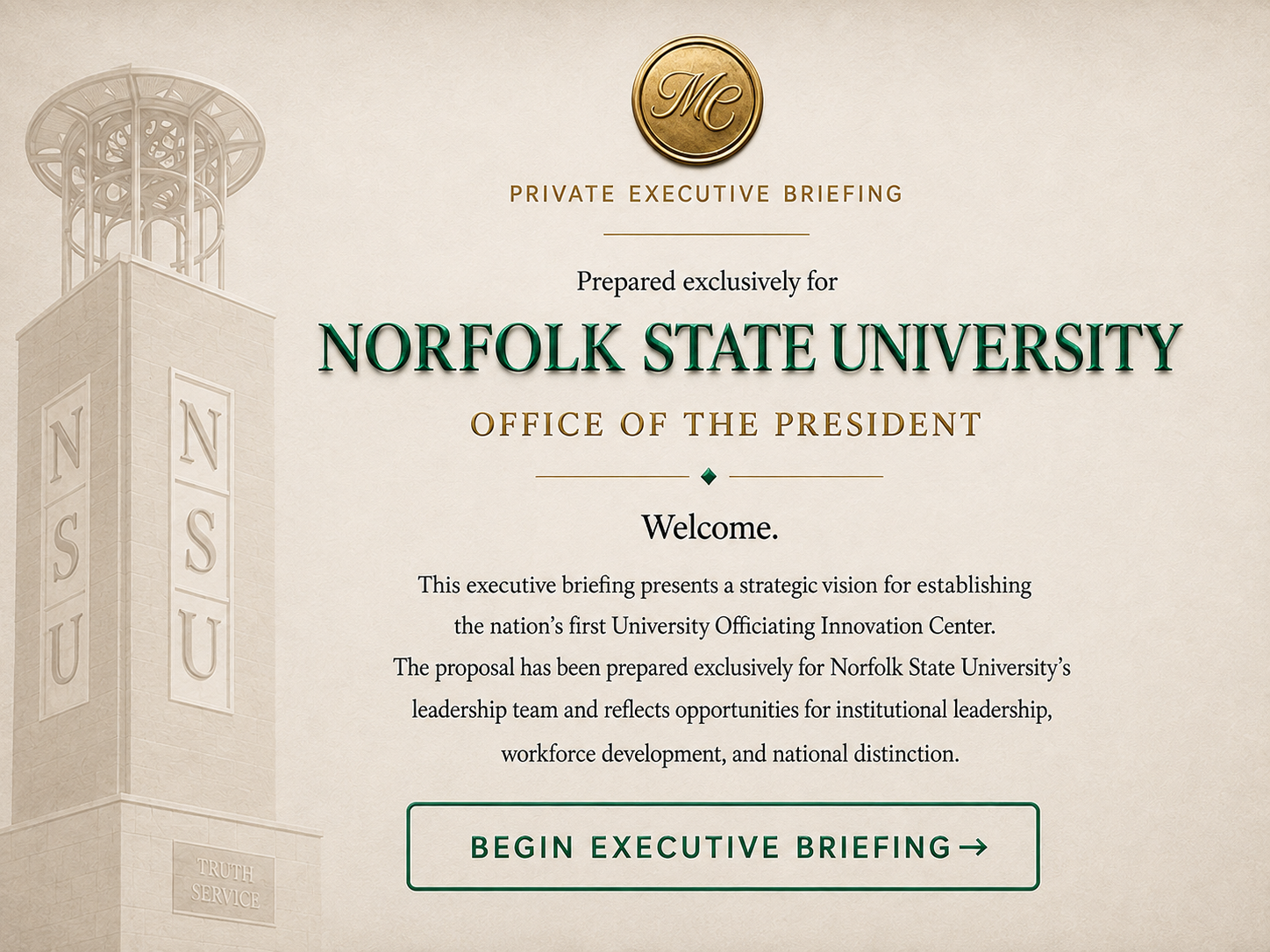 The full Executive Briefing invitation, prepared for Norfolk State University.
